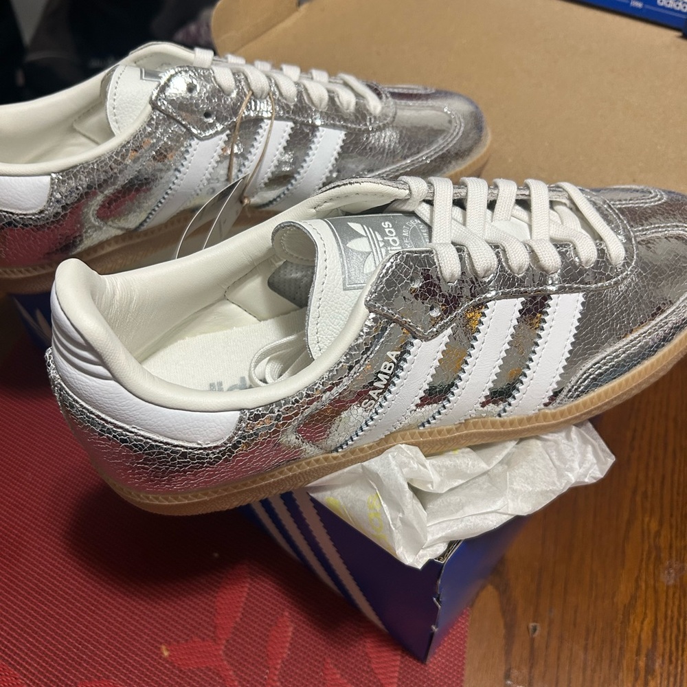 Adidas Samba Metallic Silver and White Sneakers